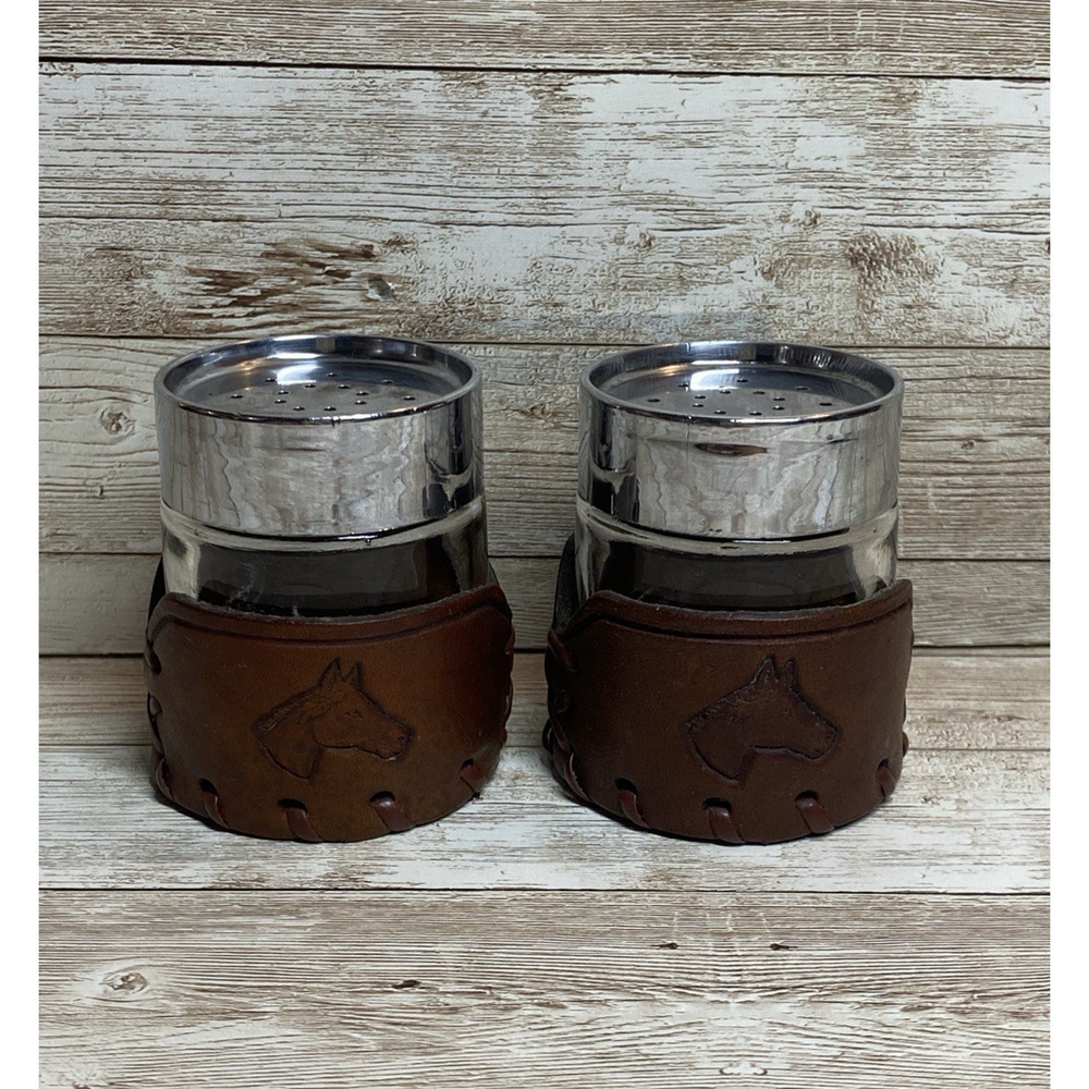 Vintage Libbey Bamco Salt And Pepper Shakers Brown Leather Horse Western Ranch